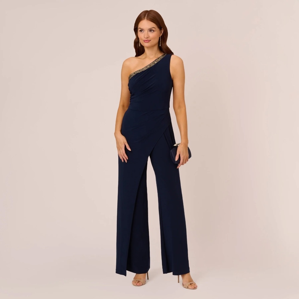 Adrianna Papell Navy one shoulder jumpsuit, size 6
